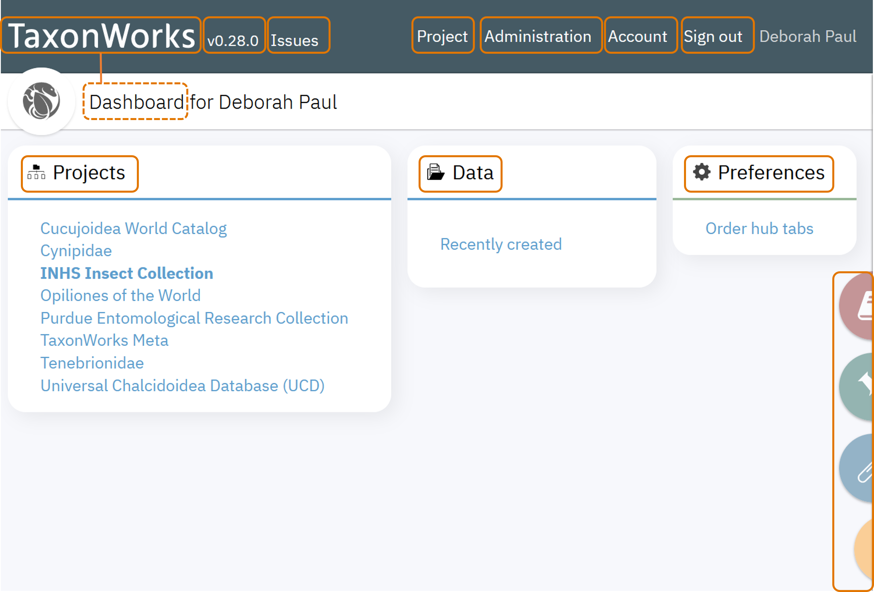 screenshot of the TaxonWorks User Interface options after logging in