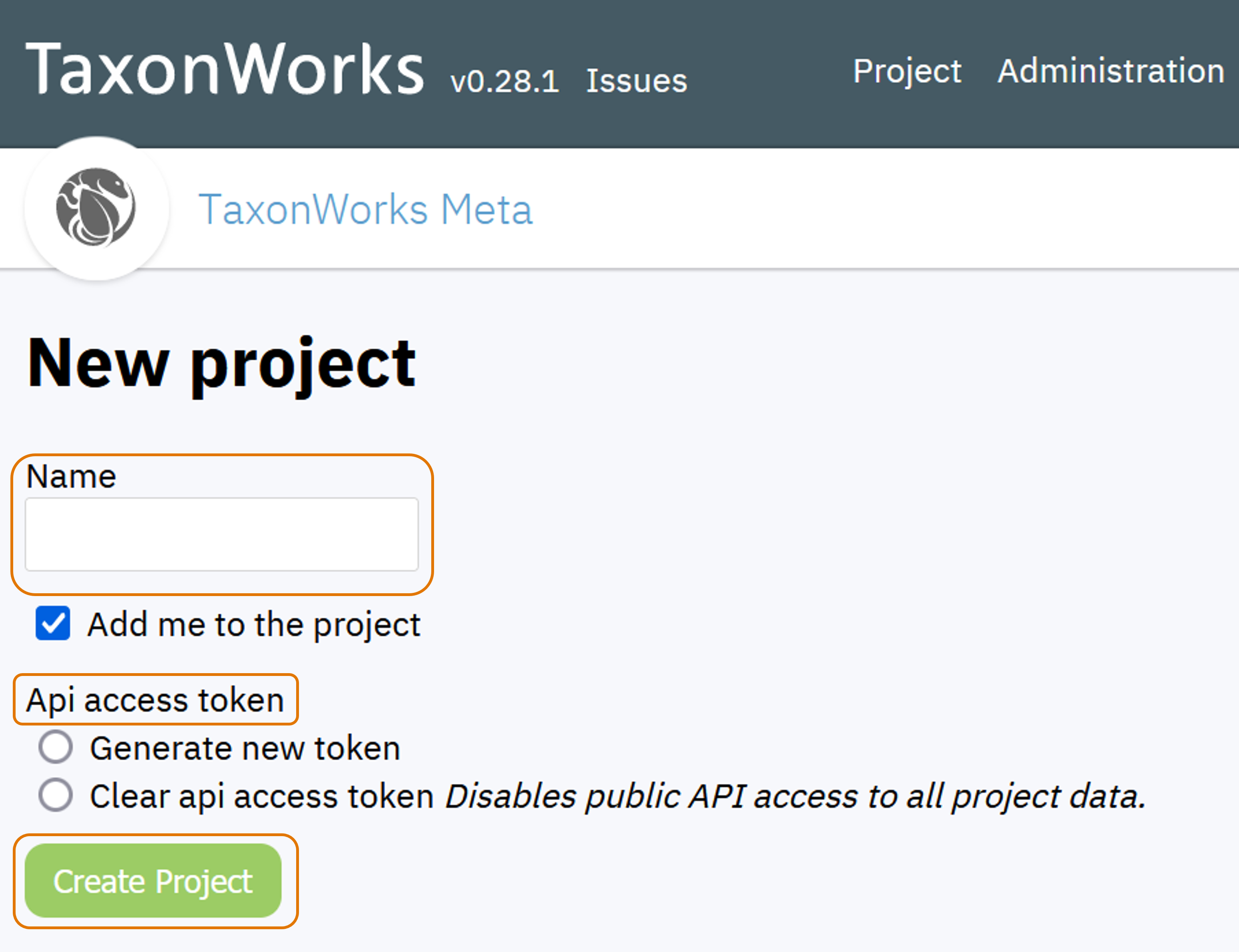 screenshot of the TaxonWorks Add New Project UI